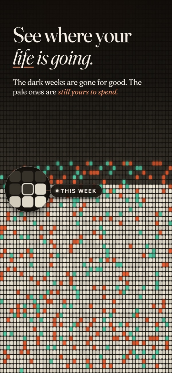Drift's week grid: the dark weeks already lived, the pale ones still yours to spend.