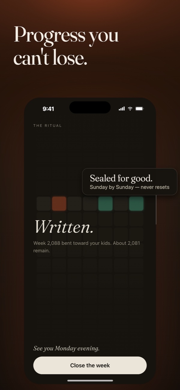 The Sunday ritual sealing a week toward what matters, with no resets.